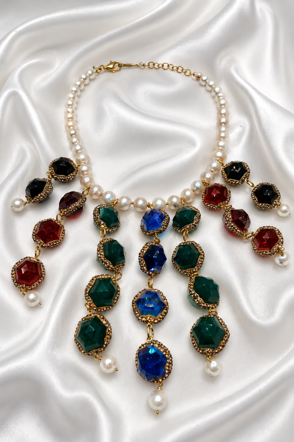 Multicolour Gemstone Bib Necklace with pearl chain