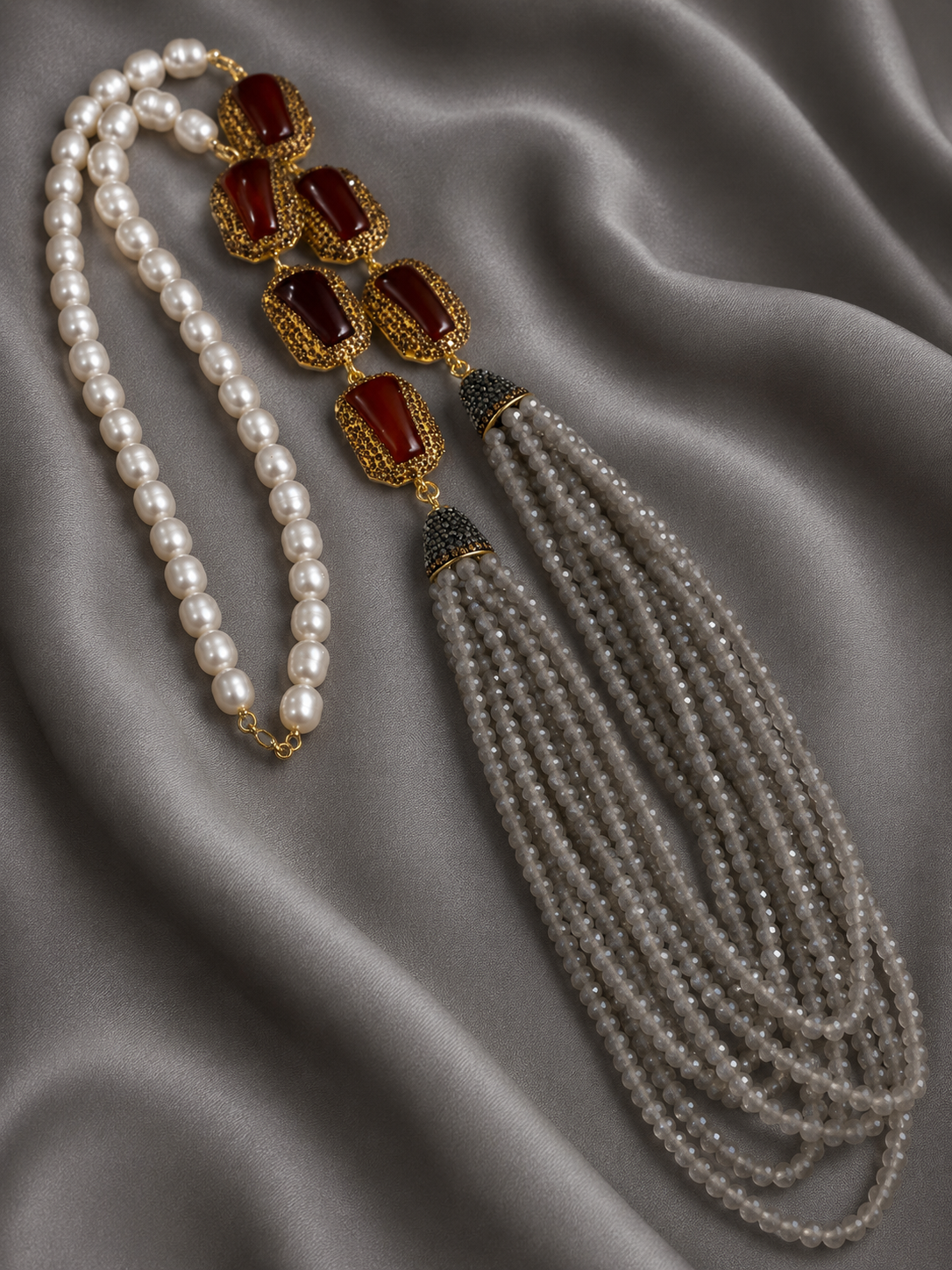Pearl and Carnelian Tassel Long Necklace