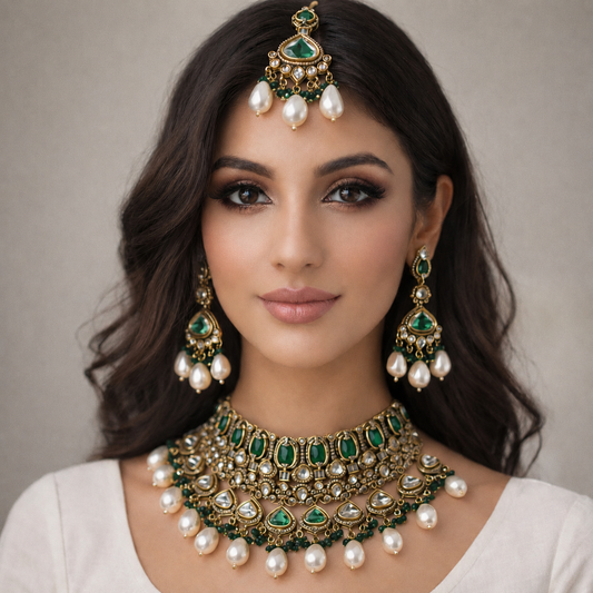 Emerald and Pearl Bridal Necklace Set with earrings and maang tikka