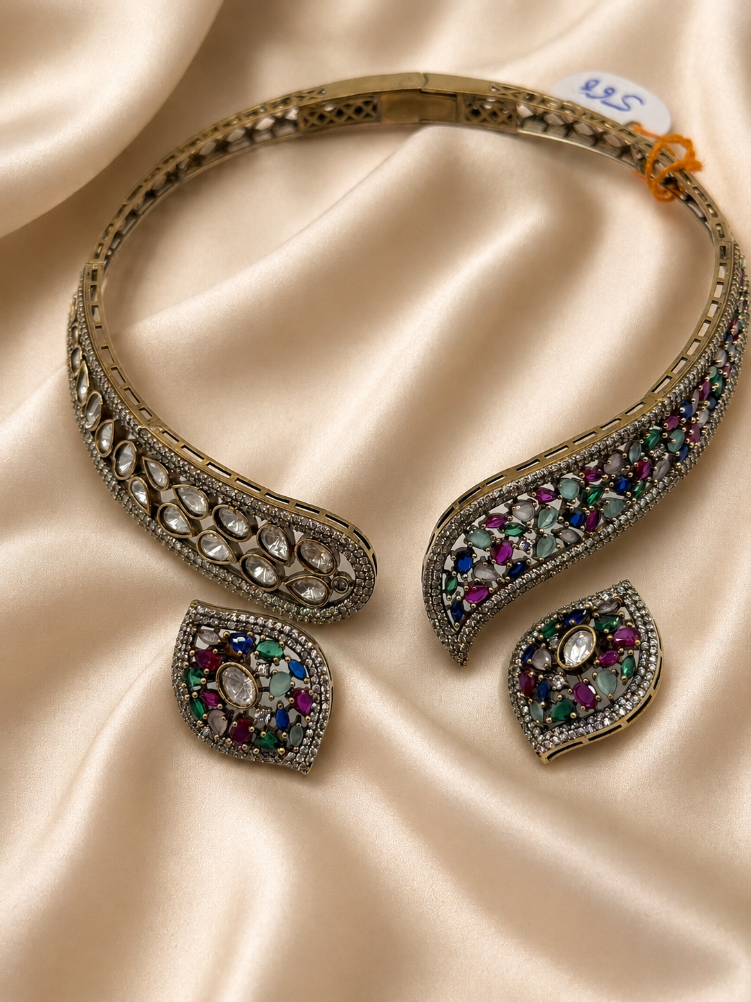 Marcasite Choker and Earring Set with multicolour gemstones
